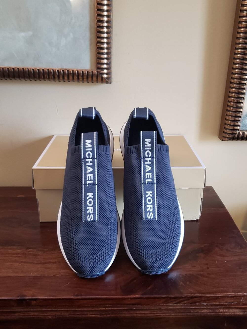 New Michael Kors Women Knit Stretch Logo Slip-On Sneaker/ Navy 9.5M